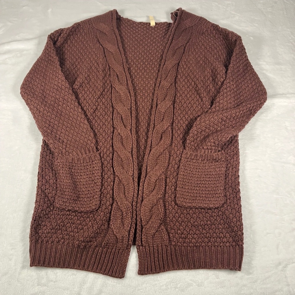 Unbranded Women Brown Cable Knit Open Front Cardigan Wool Blend Sweater M/L
